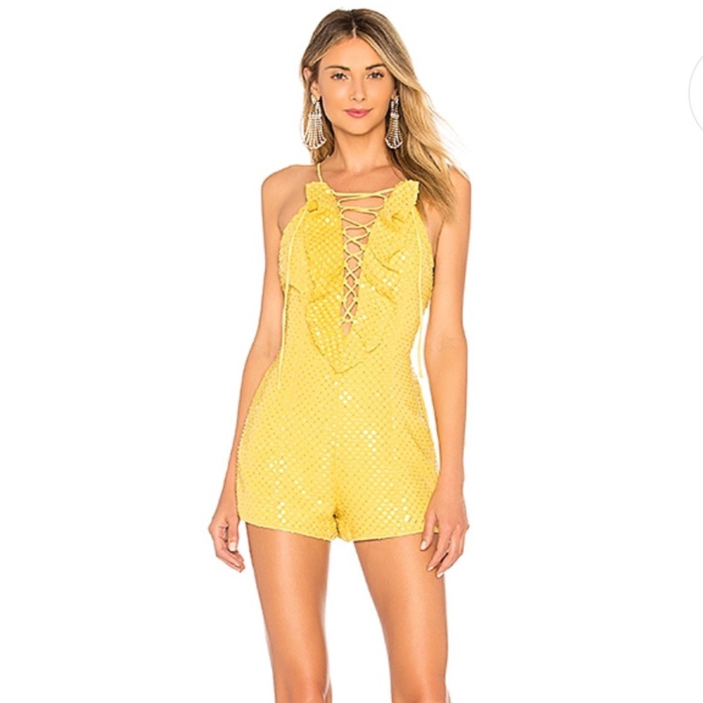 Revolve NBD Rainbow Sequin Romper In Cream Yellow